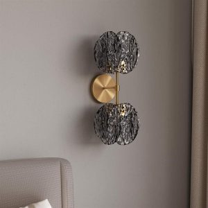 2-Light Crystal Wall Sconce,Vanity Wall Light with Textured Smoke Glass Shade