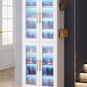 66.9" Tall Shoe Storage Cabinet, 8-Tier Entryway Shoe Organizer Rack with Acrylic Doors and LED Lights