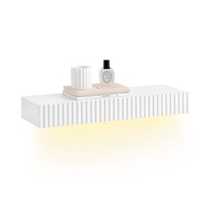 SoBuy FHK38-W, Floating Shelf with Drawer & LED Motion Sensor Light, Wall Shelf for Bedroom, Entryway & Living Room, Battery-Powered, W60 x D20 x H8cm, White