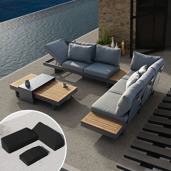 Tevara 4-Piece Garden Teak & Aluminium Modular Sofa Set with Coffee Table for 6 in Grey