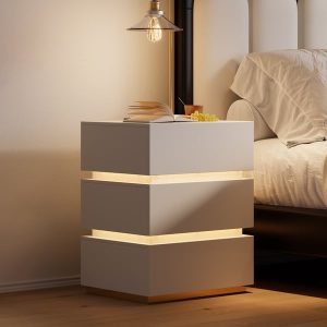 Lumio White 3-Drawer LED Bedside Table with Charging Station, Set of 2