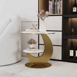 Modern 50 cm White Round Sintered Stone End Table with 2 Tiers
