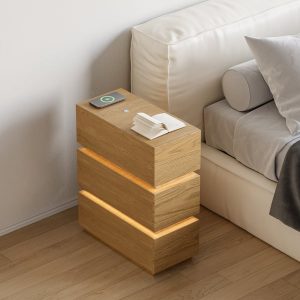 Lumio Natural 3-Drawer Narrow LED Bedside Table with Charging Station, Set of 2