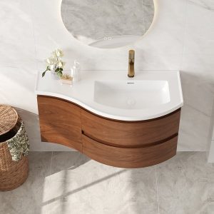 90 cm Floating Curved Bathroom Vanity Half-Circle Bathroom Cabinet Walnut