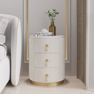 Sintered Stone Top 3-Drawer Round Velvet Bedside Table, Set of 2