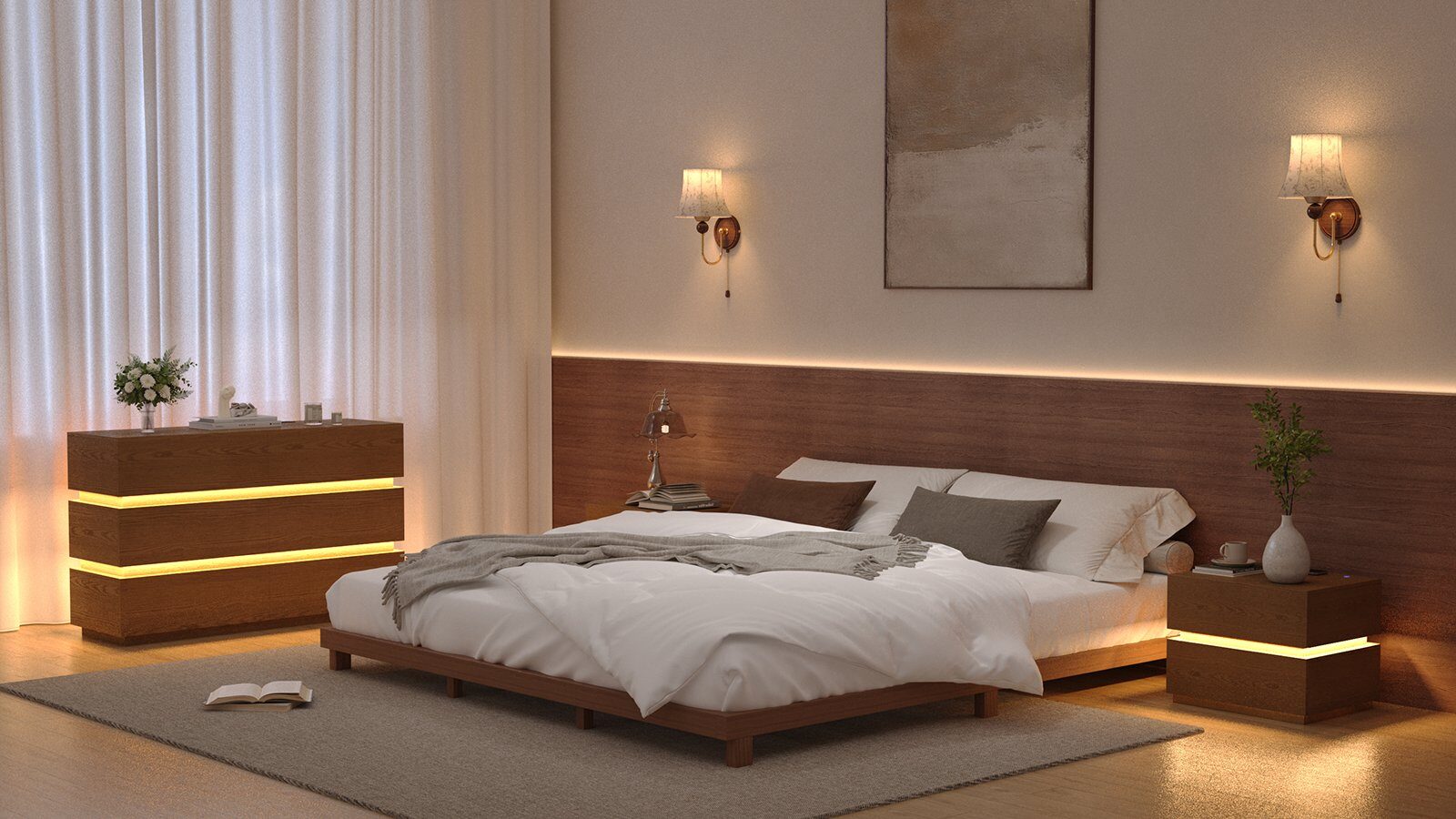 Warm Ambient Lighting in a Modern Japandi Bedroom