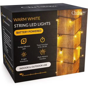 Battery-Powered LED Christmas Lights with Green Cable