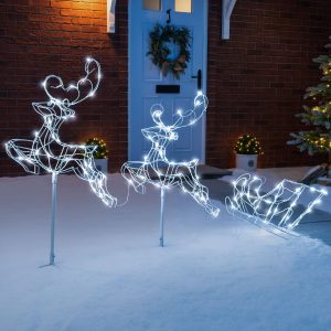 Light Up White Wire Flying Reindeer & Sleigh
