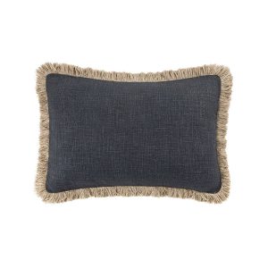 Kyra Petrol Blue Linen Fringed Rectangular Cushion