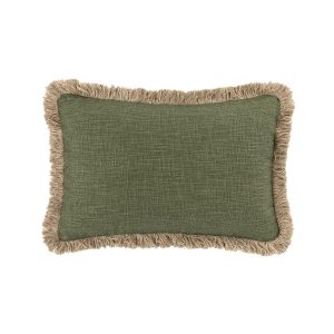 Kyra Spruce Green Linen Fringed Rectangular Cushion