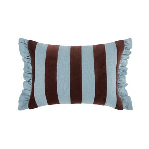 Mabel Blue Linen & Cocoa Cotton Velvet Striped Reversible Ruffle Rectangular Cushion