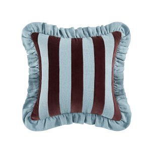 Mabel Blue Linen & Cocoa Cotton Velvet Striped Reversible Ruffle Cushion