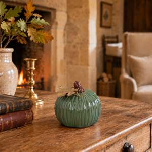 Mini Pumpkin Stoneware Ornament with Gold Leaf – Green