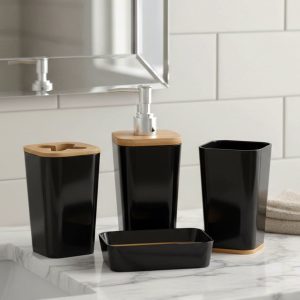 4 Piece Black Plastic / Bamboo Bathroom Accessories Set