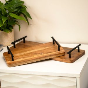 Set Of 2 Wood Serving Trays With Black Metal Handles