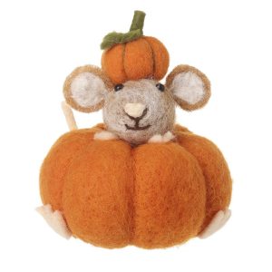 Orange Felt Pumpkin With Mouse Decoration