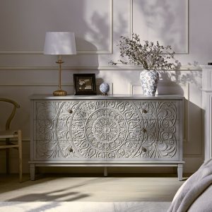 Chantilly Mid Grey Carved Wide 6 Drawer Chest